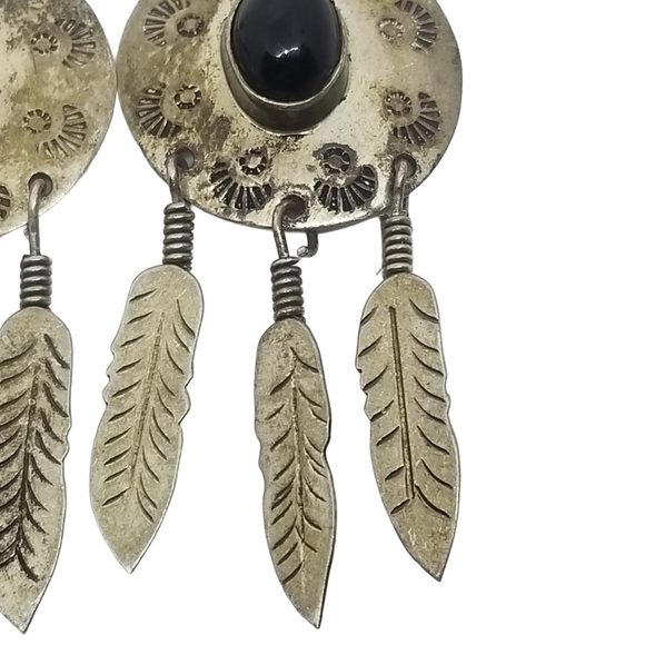 TAXCO VINTAGE STERLING SILVER & ONYX NATIVE AMERICAN DROP EARRINGS - Picture 3 of 4